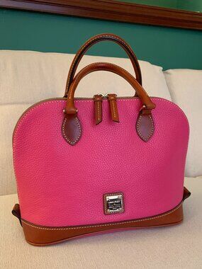 Dooney Pebble Grain Zip Zip Satchel in Pink and Tan with strap